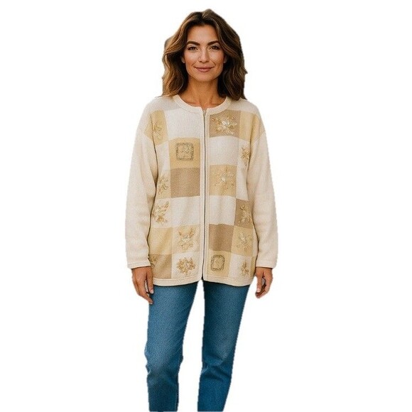 Vintage Victoria Jones Christmas Zip Up Cardigan Sweater Embroidery Tan Plus 2X - Picture 1 of 15